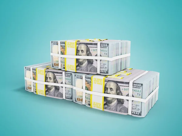 Montón Dólares Tres Paquetes Frente Renderizar Sobre Fondo Azul Con —  Fotos de Stock