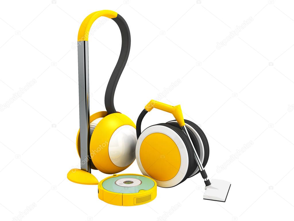 Modern vacuum cleaners with hoses and vacuum cleaner robot yellow with white insets 3D render on white background no shadow