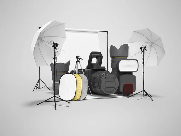 Concetto studio attrezzature softbox foto riflettori ombrello 3d — Foto Stock