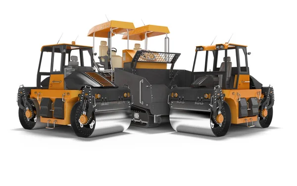 Construction road machinery two road roller and paver 3d renderi — Stock Photo, Image