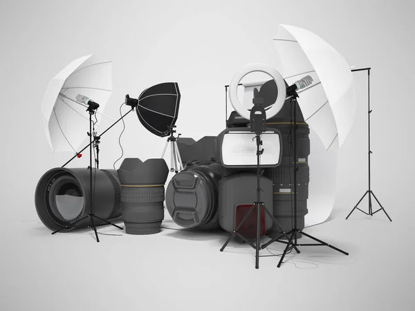 Concept of studio equipment softboxes photo umbrella photo camer — Stock Photo, Image