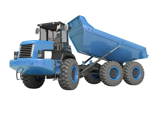 Blauer Muldenkipper entlädt Baumaschinen vom Anhänger — Stockfoto