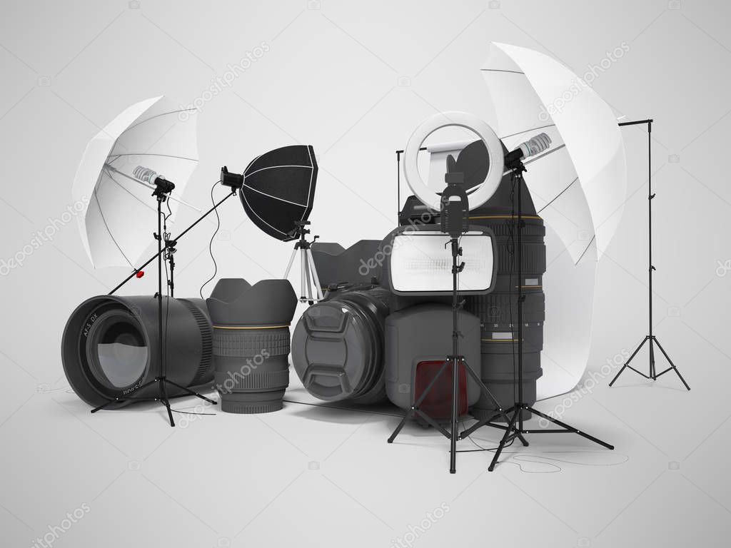 Concept of studio equipment softboxes photo umbrella photo camer