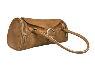 Kısa iki saplı küçük deri çanta. Beyaz b üzerinde 3D çizim.