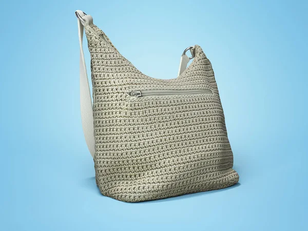 Beige knitted bag 과 하나의 손잡이가 파란색 배경에 3 차원 렌더링 — 스톡 사진