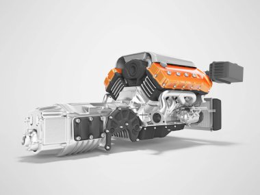 Araç montajı için vites kutusu arka görünümü ile motor Gri renkte 3D görüntüleme