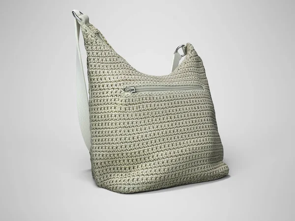 Beige knitted bag with one handle 3D rendering on gray backgroun