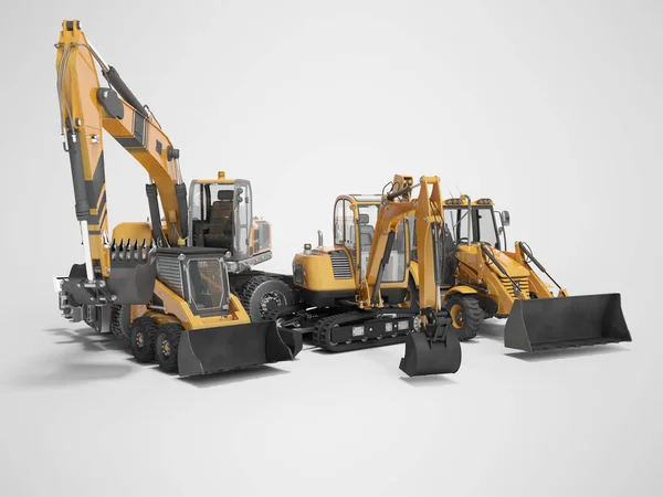 Concept group of construction machinery excavator mini loader 3D — Stock Photo, Image