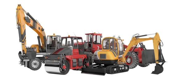 Concept group of road machinery excavator road roller 3D renderi — Stock Photo, Image