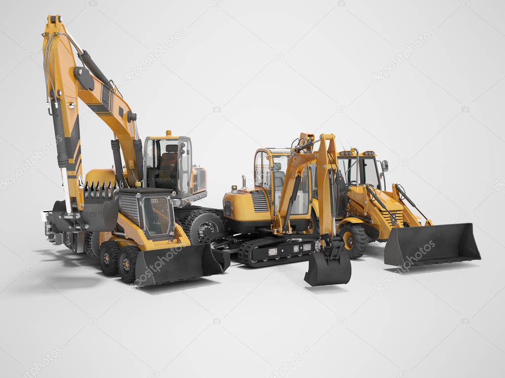Concept group of construction machinery excavator mini loader 3D