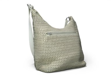 Tek kulplu bej örgü çanta. Beyaz sırt dekoltesinde 3D çizilmiş.