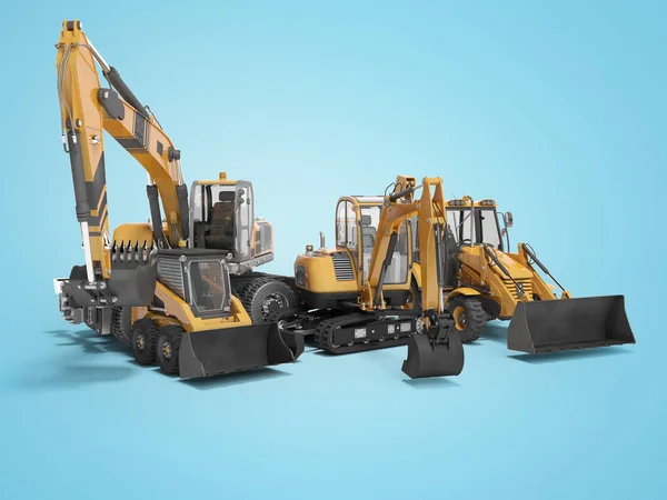 Concept group of construction machinery excavator mini loader 3D — Stock Photo, Image