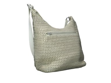 Tek kulplu bej örgü çanta. Beyaz sırt dekoltesinde 3D çizilmiş.