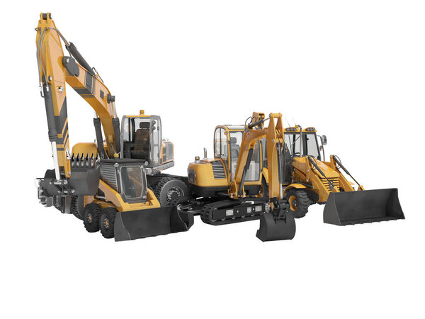 Concept group of construction machinery excavator mini loader 3D