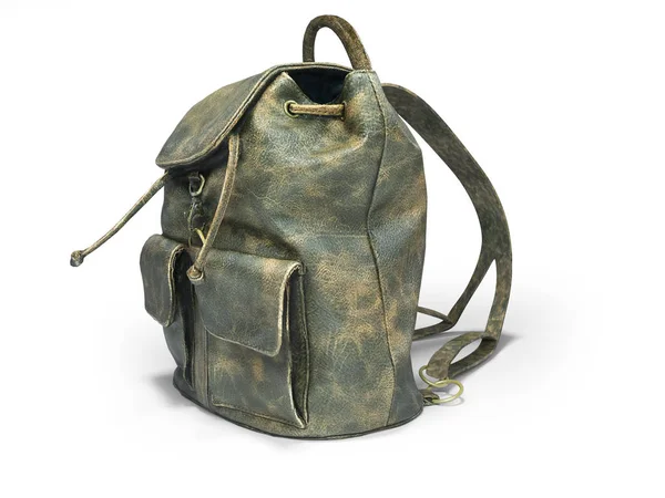 3D renderização escola mochila couro verde com arranhões no branco — Fotografia de Stock