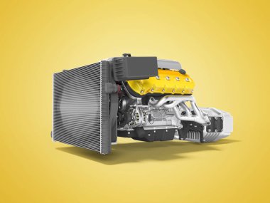 Otomobil montajı için sarı motor, vites kutusu arka görünümü 3d render 