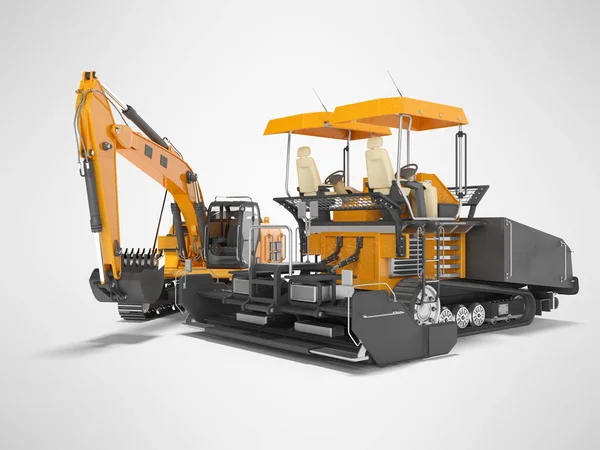Wegen machines oranje asfalt spreider machine en rupsgraafmachine — Stockfoto