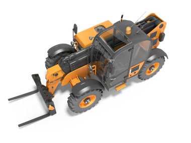 3d rending orange front view teleskopik yükleyici beyaz arka planda