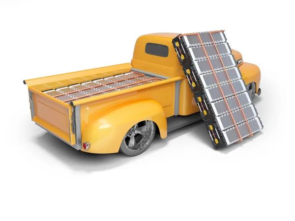 Conceito de renderização 3D de um carro elétrico laranja com massa sobressalente — Fotografia de Stock