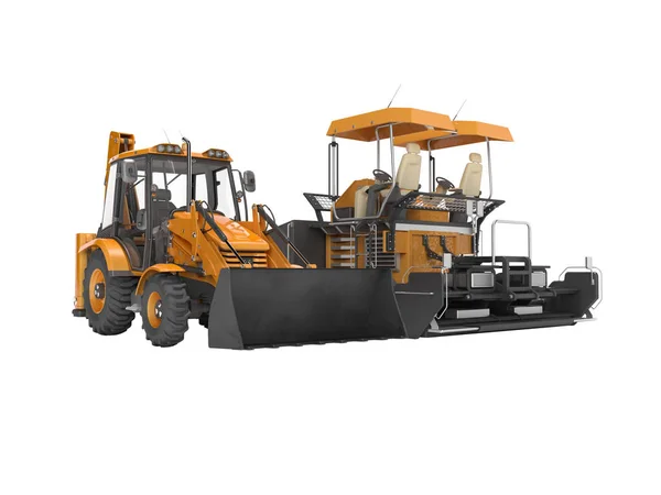 Tractor de ruedas naranja en la parte delantera y esparcidor de asfalto máquina bac — Foto de Stock