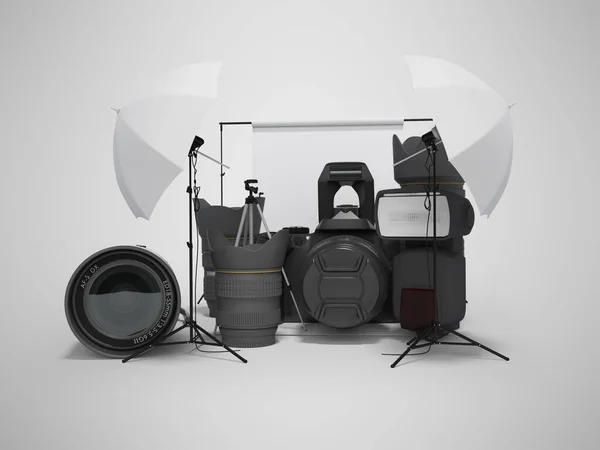 Equipamento de renderização 3d para conceito de estúdio de fotografia em backgrou cinza — Fotografia de Stock