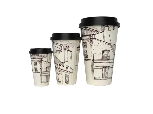 3d визуализация группы одноразовых бумажных стаканчиков с городской текстурой — стоковое фото