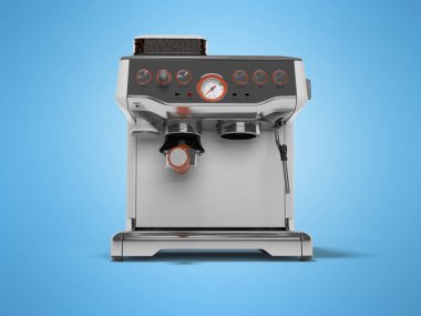 Mavi arka planda 3D ev yapımı metal kahve makinesi.