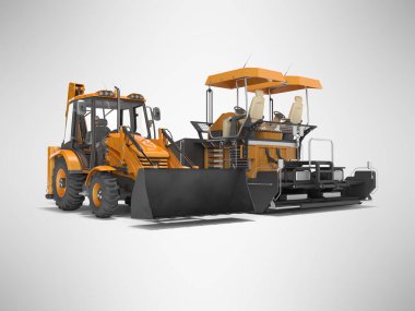 Turuncu tekerlekli traktör önde ve asfalt yayıcı makine torbasında