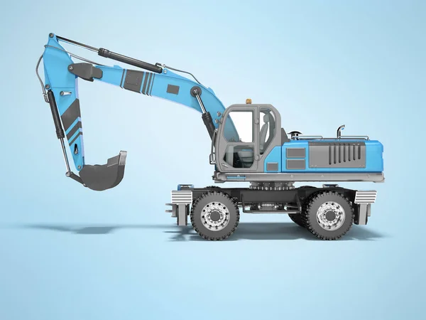 3D rendering of blue hydraulic wheel excavator on blue backgroun — Stock Photo, Image