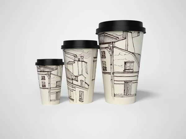3d rendu de groupe de tasses en papier jetables avec texture de la ville — Photo