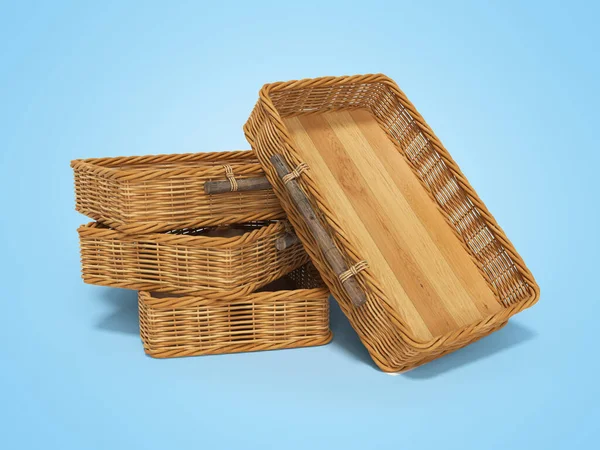Rendering 3d di gruppo di cestini di vimini in legno su backgroun blu — Foto Stock