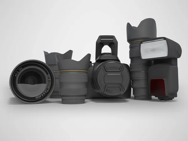 회색 배경 사진을 찍는 사진 작가를 위한 3D 렌더링 장비 W — 스톡 사진