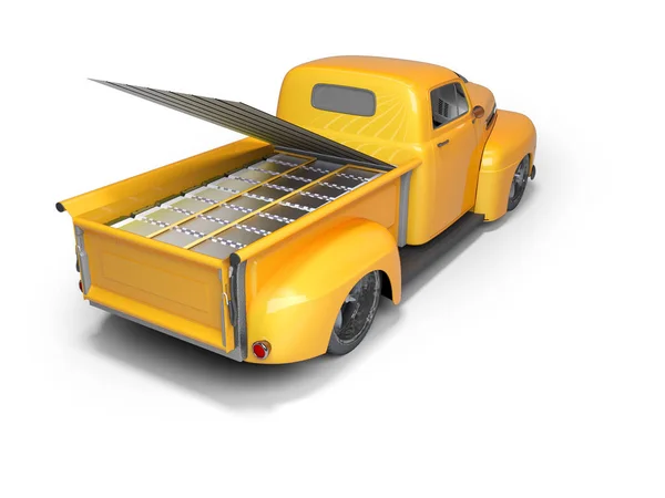 3D renderização laranja carro elétrico e bateria no fundo branco — Fotografia de Stock
