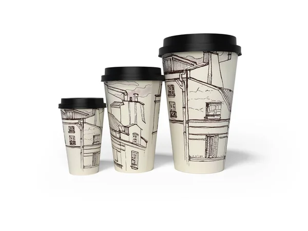 3d rendu de groupe de tasses en papier jetables avec texture de la ville — Photo