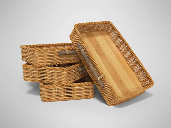 Rendering 3d di gruppo di cesti di vimini in legno su backgroun grigio — Foto Stock