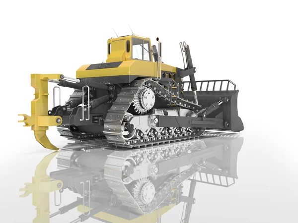 Carrera tecnología bulldozer amarillo vista trasera 3D renderizado en whi —  Fotos de Stock