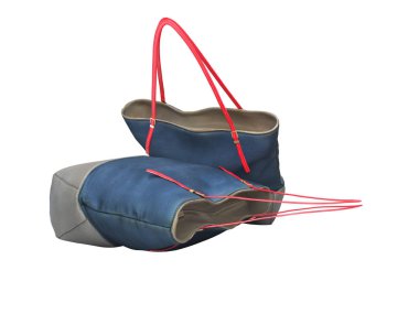 Üç boyutlu, uzun saplı iki plaj çantasını beyaza sarmak. 