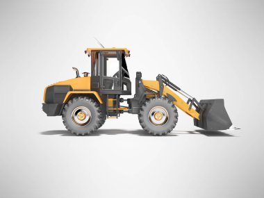 Turuncu yol tekerleği buldozer. Gri arkaplanda 3D görüntüleme. 