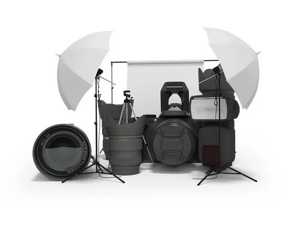 3d equipamento de renderização para o conceito de estúdio de fotografia no backgro branco — Fotografia de Stock