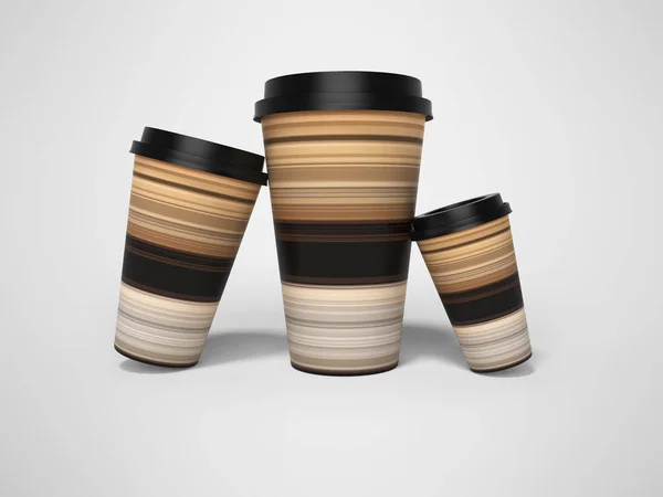 Tasses en papier pour café latte rendu 3D sur fond gris avec — Photo