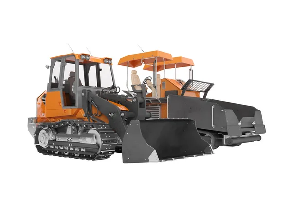 Road machinery orange paver and with tracked bulldozer tractor 3 — Stock Photo, Image