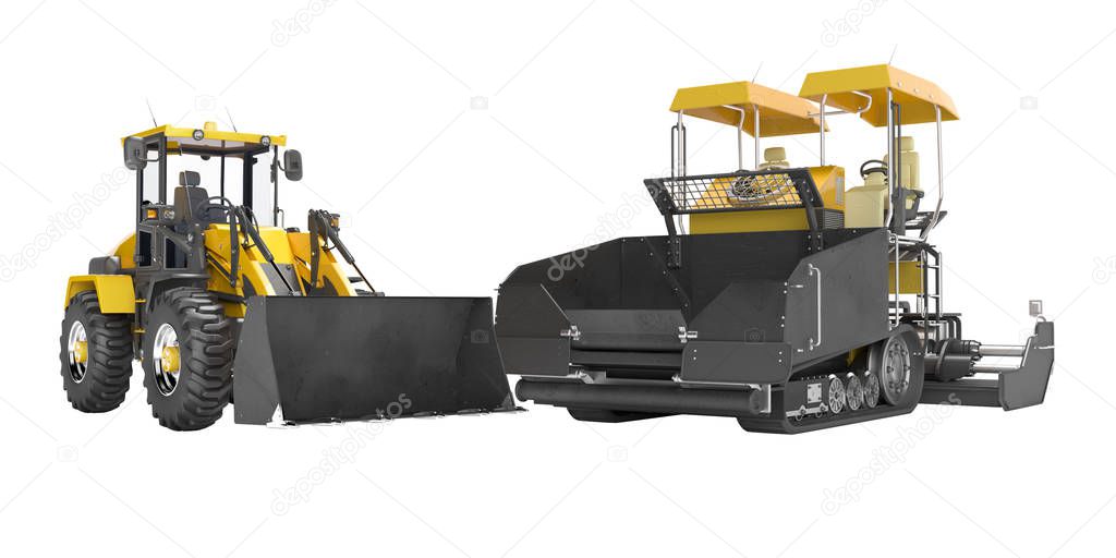 Construction road machinery yellow tracked paver and wheeled bul