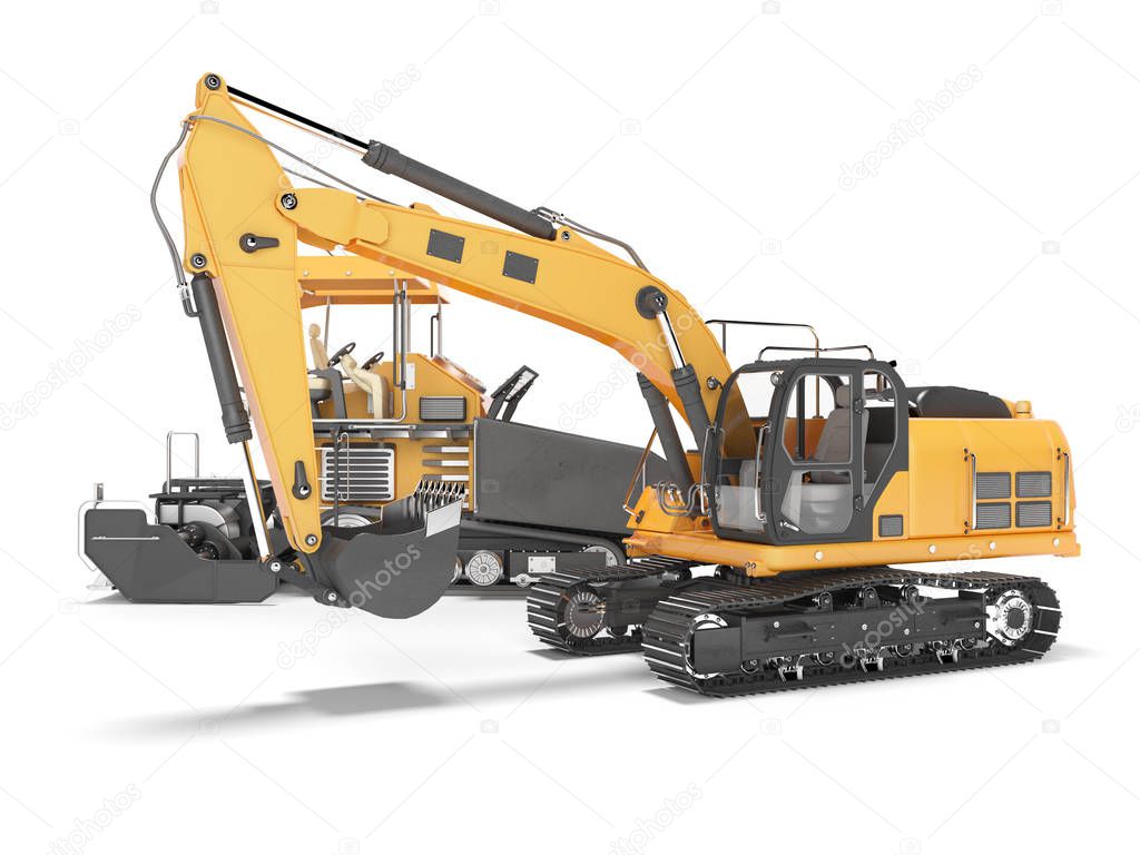 Group of orange road construction machinery crawler bulldozer an