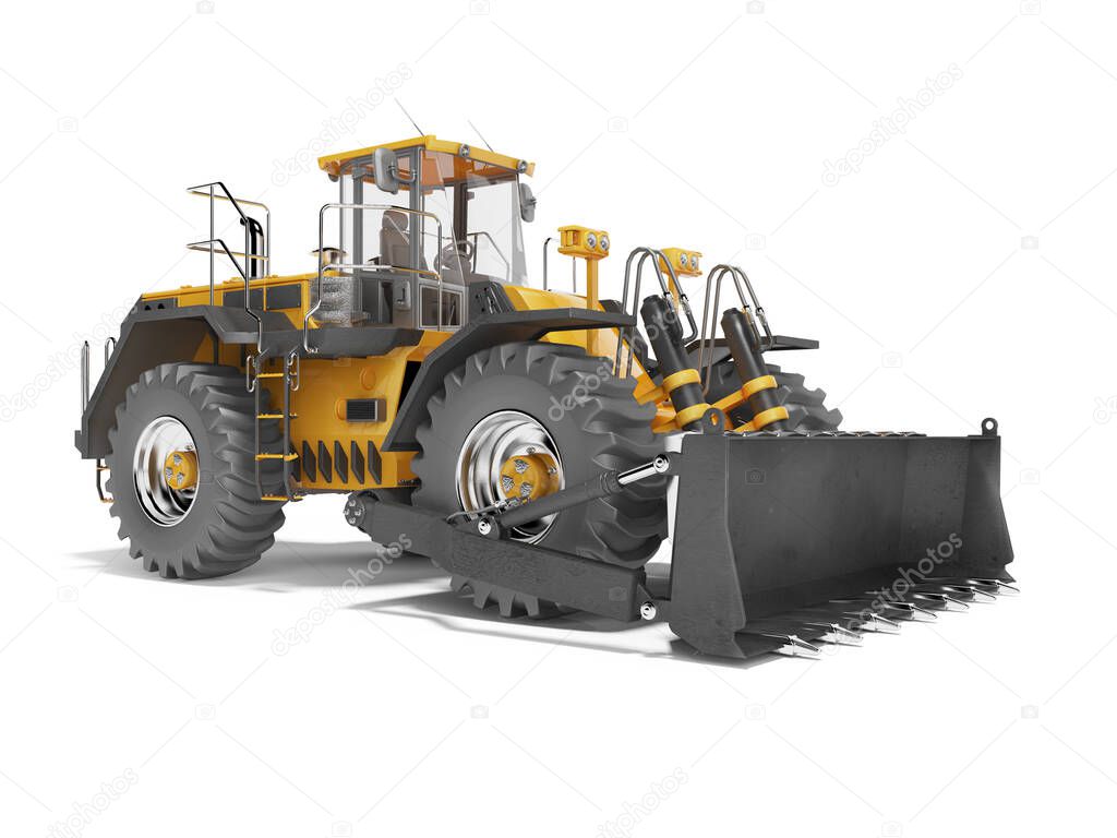 Universal orange wheel bulldozer 3D rendering on white backgroun