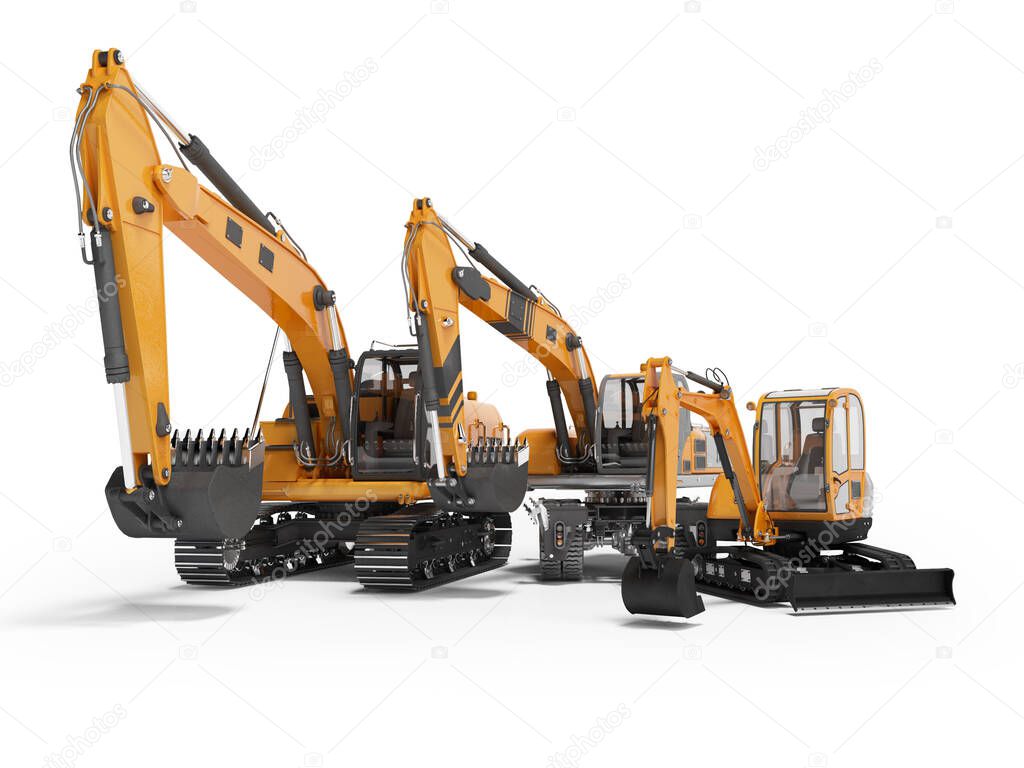 Group of orange excavator 3D rendering on white background with 