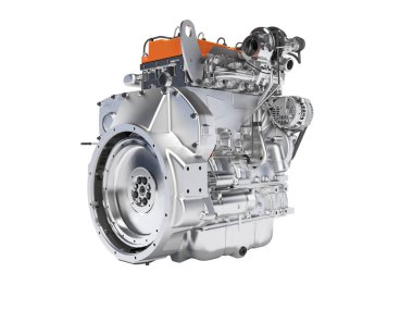 Beyaz arkaplanda araba montajı için 3D turuncu motor hazırlanıyor 