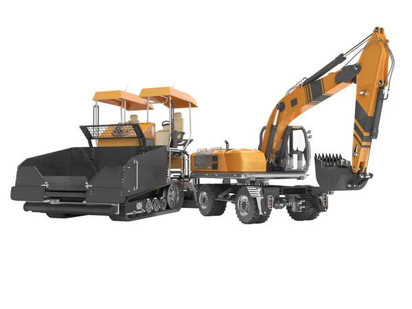 Road rubber asphalt spreader machine and wheeled excavator 3d re — 스톡 사진