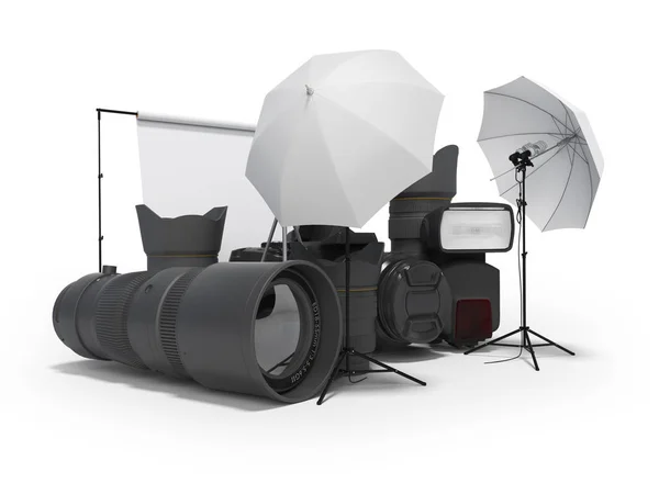 3d equipamento de renderização para estúdio de fotografia em fundo branco com — Fotografia de Stock