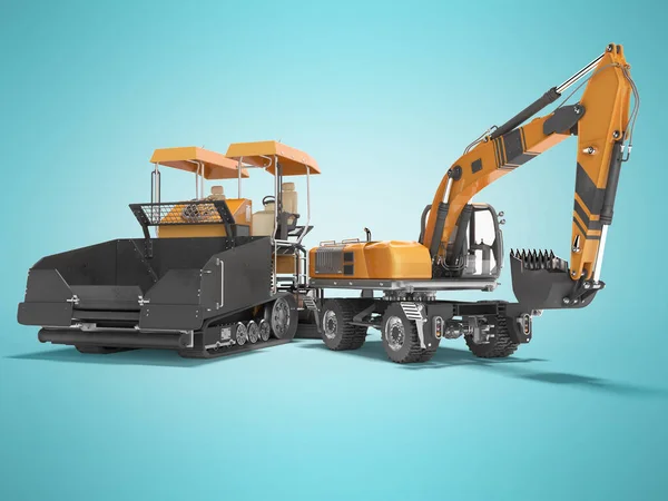 Machines voor het strooien van asfalt op wielen en graafmachines op wielen 3d re — Stockfoto