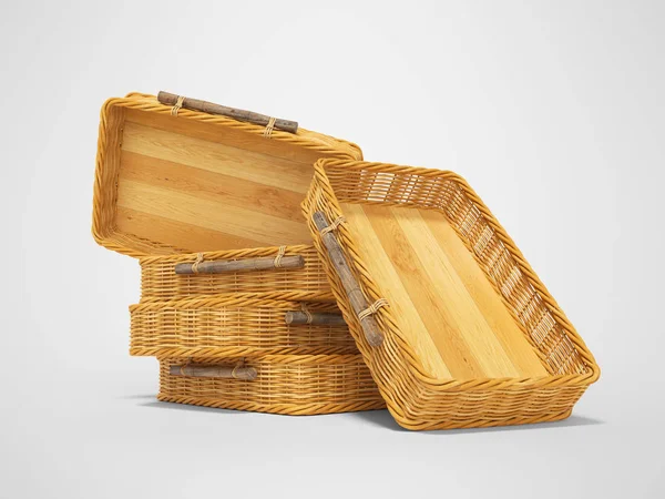 3d rendering of group wicker wooden boxes on gray background wit — Stock Photo, Image